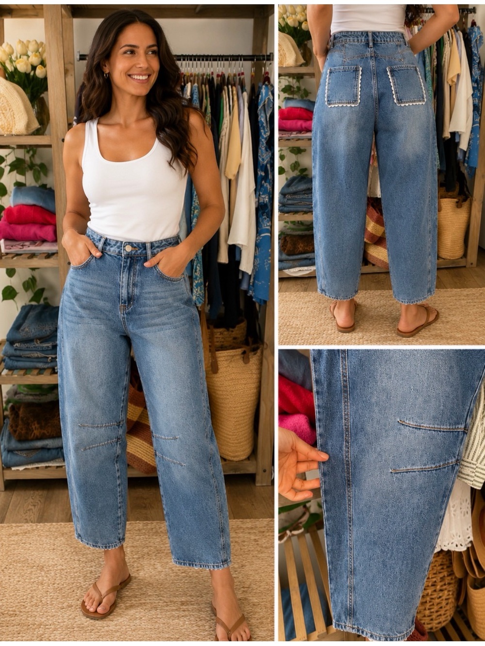 JACQUIE THE LABEL Barrel High-Waist Relaxed Fit Large Blue Jeans Scalloped Trim